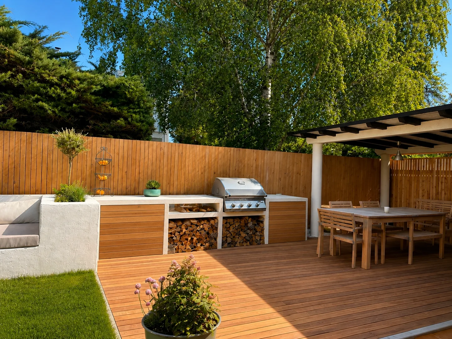 Outdoor-Küche mit Holzterrasse